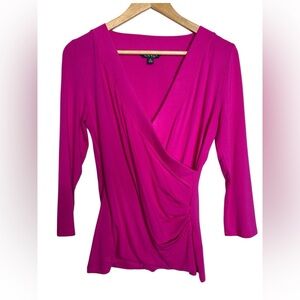 🩷 Lauren Ralph Lauren Medium Blouse Women Fuchsia Long Sleeve 3/4 Sleeves V neck